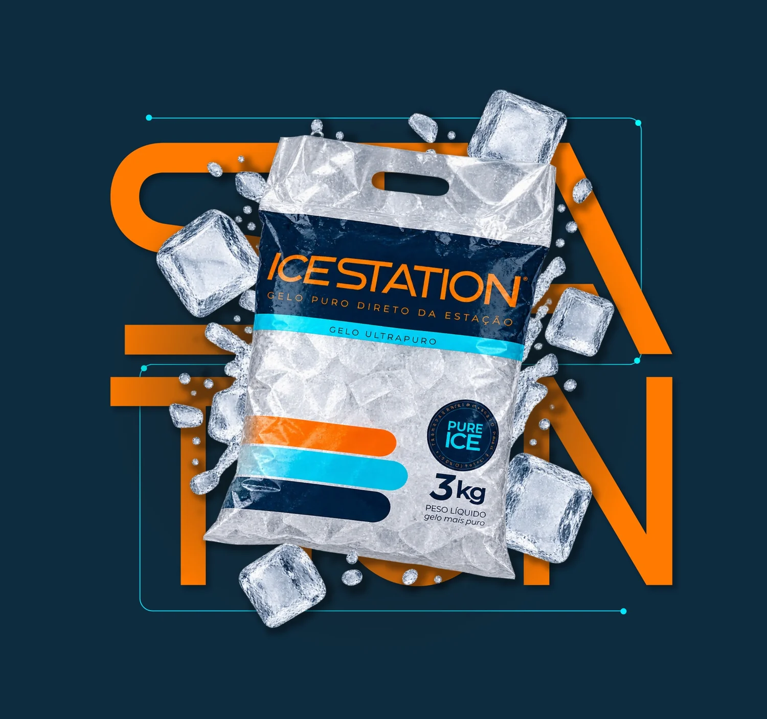 Embalagem de gelo Ice Station com cubos de gelo